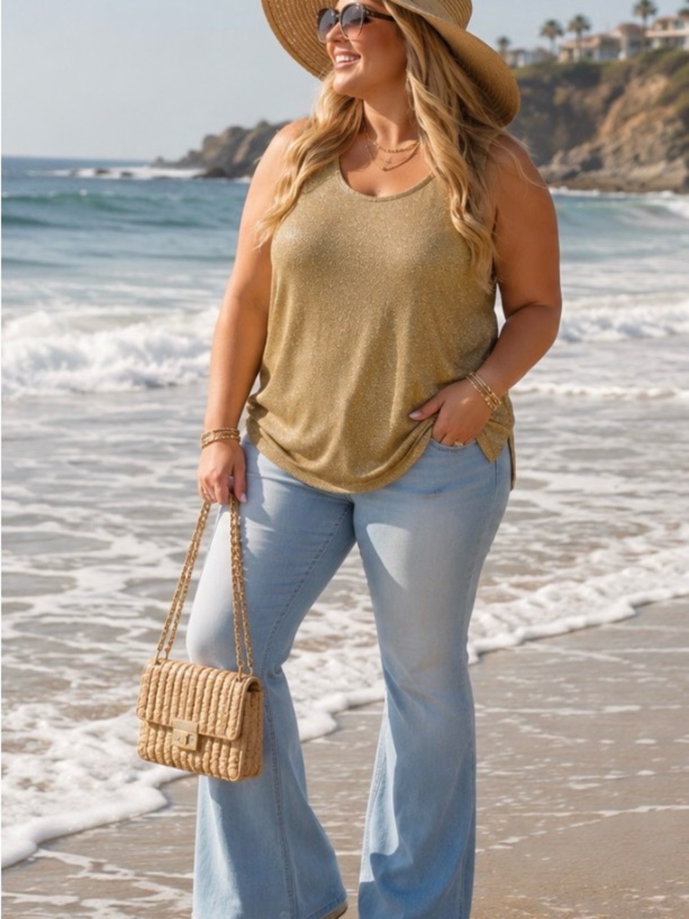 Title: En Plus by Eaton Gold Metallic Sleeveless Tunic Top – Size 2X
